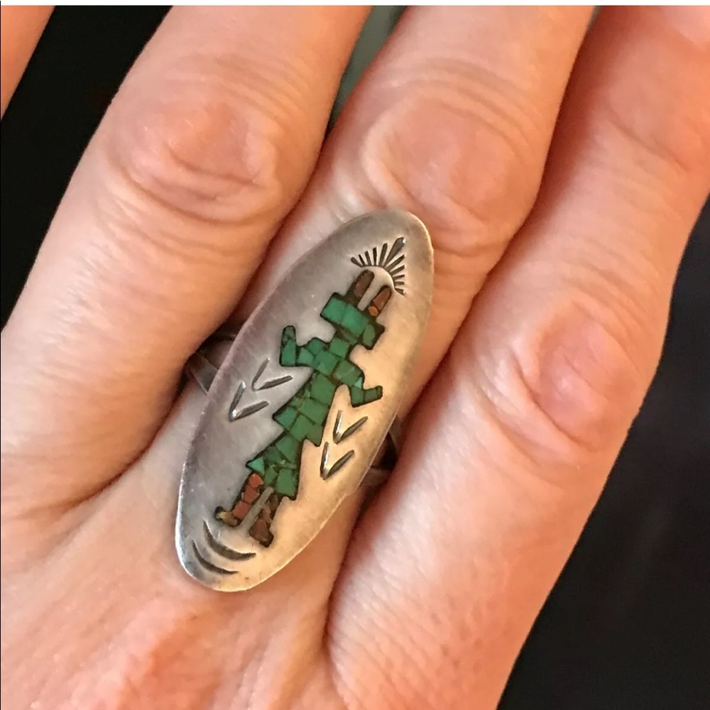 Vintage Navajo Turquoise & Coral Sterling Ring; 7
